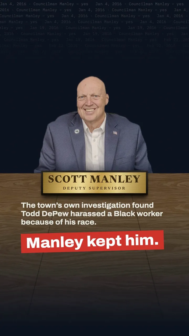 Watch the video: Scott Manley at the dais behind his Deputy Supervisor nameplate, over a line about the town's own investigation of the Highway Department and a red stamp: Manley kept him.