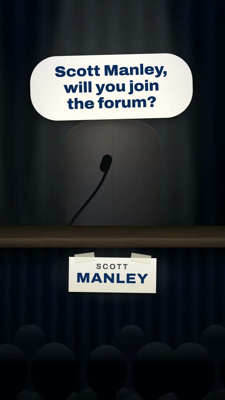 Watch the video: a spotlit, empty lectern with Scott Manley's name card, under a message asking him to join the forum.