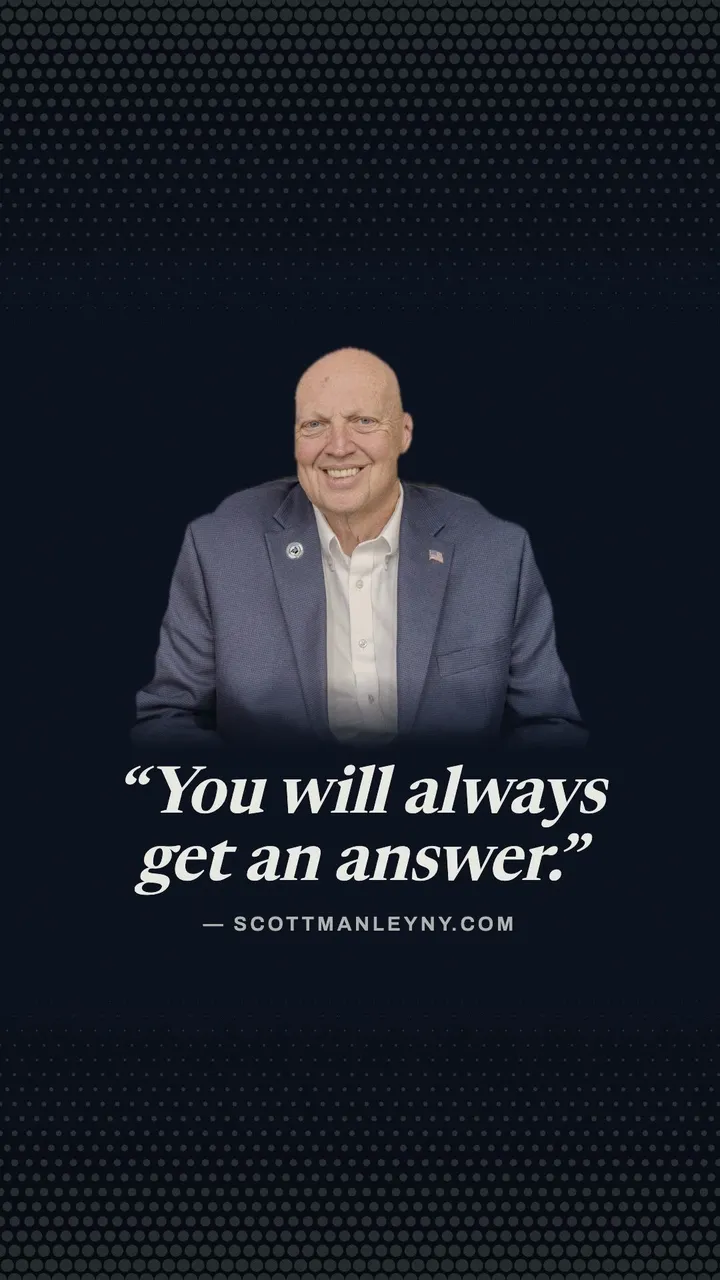 Watch the video: Scott Manley's photo over a quote from his campaign website, 'You will always get an answer.'